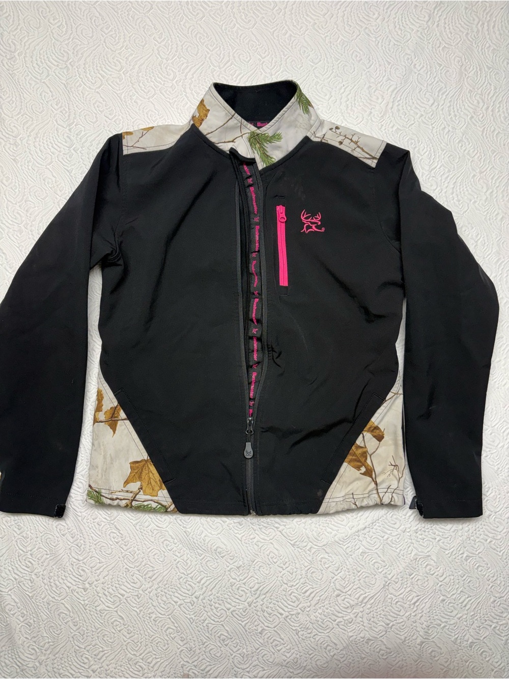 Women's Black Utility Jacket with Camo Panels and Pink Trim